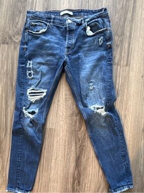 Zara Men's Blue Distressed Skinny Slim Denim Jeans 5-Pocket Button Zip